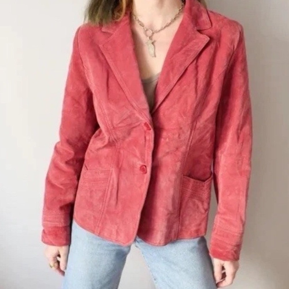 Vintage 90s Y2K Brandon Thomas Leather Pink Suede Blazer Jacket Size Medium